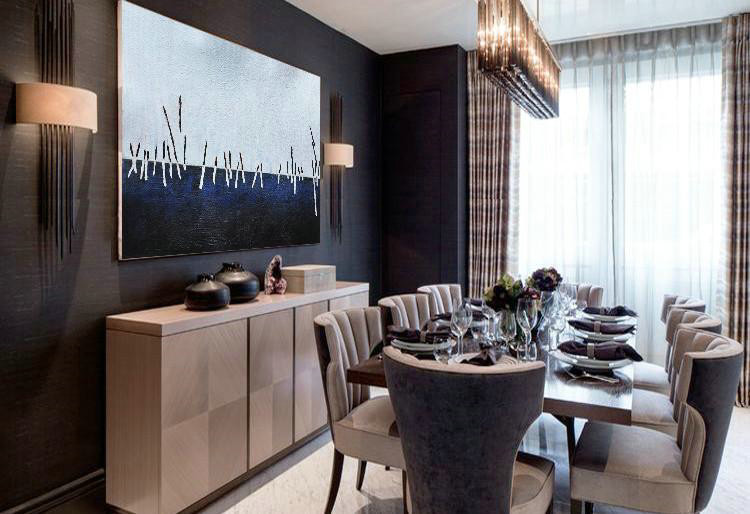 Large Abstract Art,Horizontal Palette Knife Contemporary Art,Oversized Art,White ,Dark Blue,Grey,Black.etc